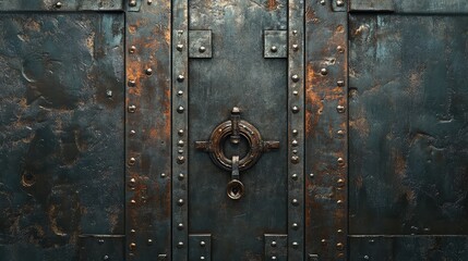 Rustic weathered metallic door featuring an ornate handle and keyhole, set against a textured dark steel surface with warm copper accents.
