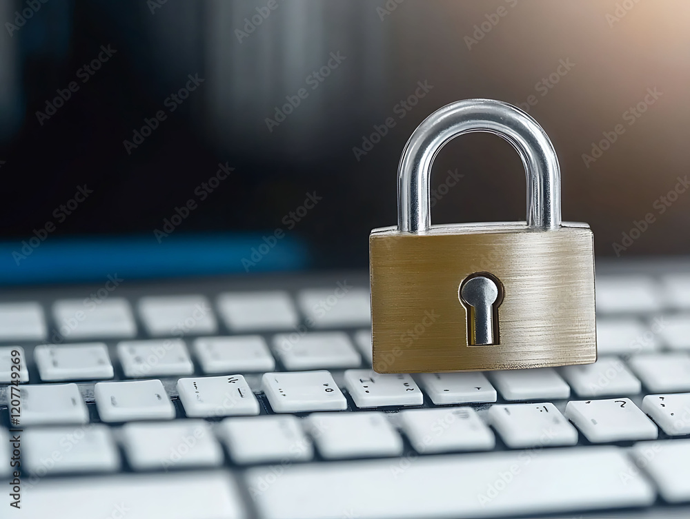 Poster closeup of a brass padlock on a computer keyboard, symbolizing online security and data protection. 