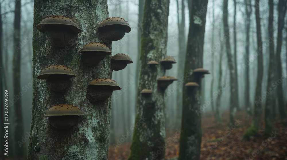 Poster mushrooms on tree trunks in a misty forest creating an eerie and enigmatic atmosphere