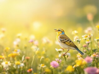 Chirpy western meadowlark serenading in a grassy meadow, nature, songbird, colorful feathers, singing