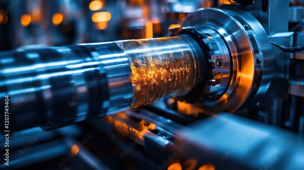 Poster automated industrial printing machine is printing digital code on metallic surface of rotating cylin
