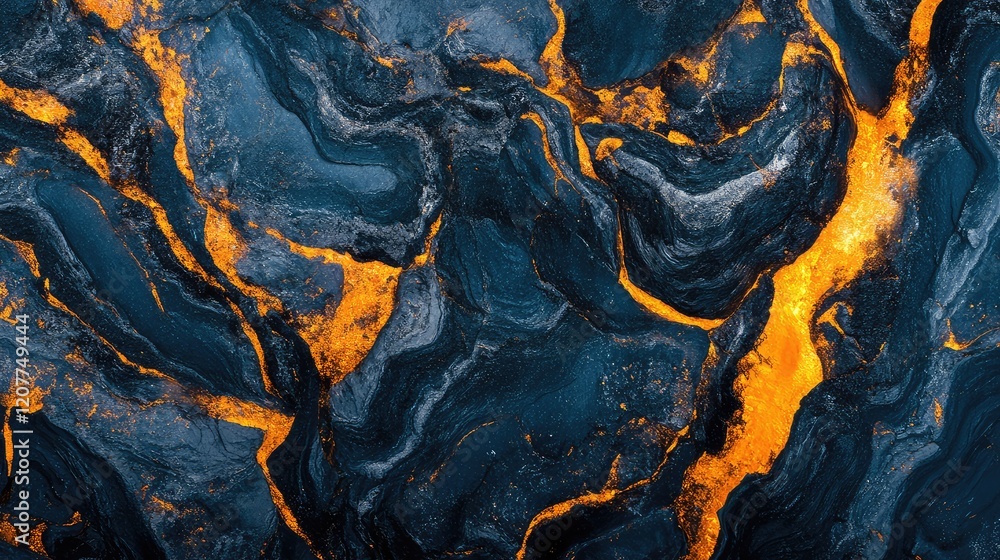 Poster dark blue and orange lava texture abstract background with flowing patterns and contrast in eruptive