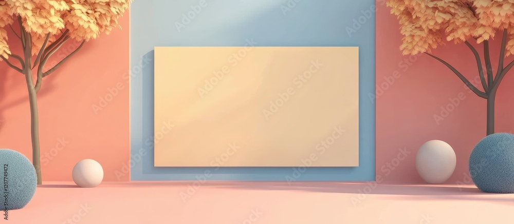 Poster pastel colored minimalist urban scene with rectangular signage border and empty space for text surro