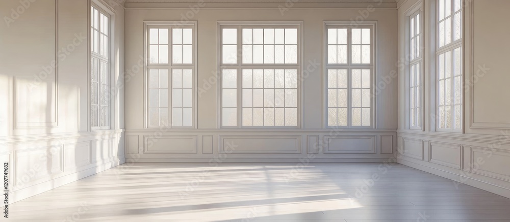 Poster serene minimalist interior with warm neutral tones and natural light flooding through expansive wind