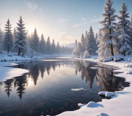 Fototapeta premium Christmas Eve winter landscape with snow-covered trees and frozen lake, snowy landscape, winter wonderland, christmas eve