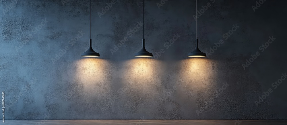 Poster modern minimalist lighting fixtures with ambient warm light illuminating a textured gray wall, featu