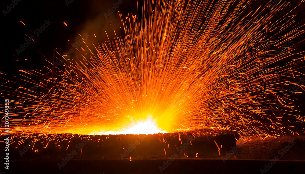 Poster dynamic image of intense sparks erupting from a fiery source, ideal for illustrating power, energy, 