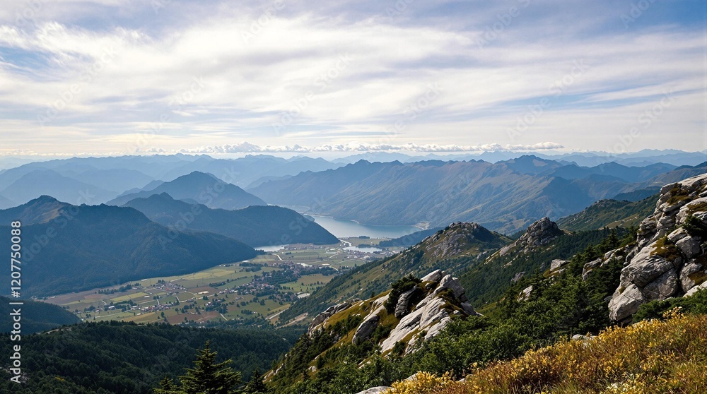 Poster a panoramic view of a mountainous landscape with a lake in the distance, under a partly cloudy sky w