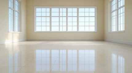 Empty Room with Large Windows: An expansive room, flooded with natural light from large windows, offers a blank canvas of potential. The pristine floors and neutral walls create a minimalist backdrop.