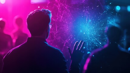 Obraz premium Businessman wearing glasses interacting with futuristic glowing network interface in immersive digital environment, exploring augmented reality, big data, innovation, and technological advancement