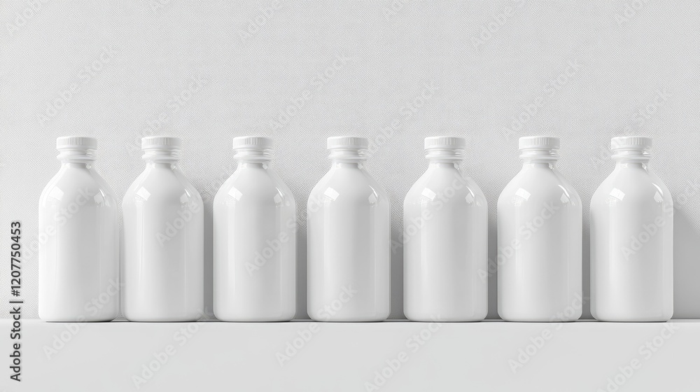 Poster modern minimalist white bottles arrangement on clean white shelf for branding and product display mo