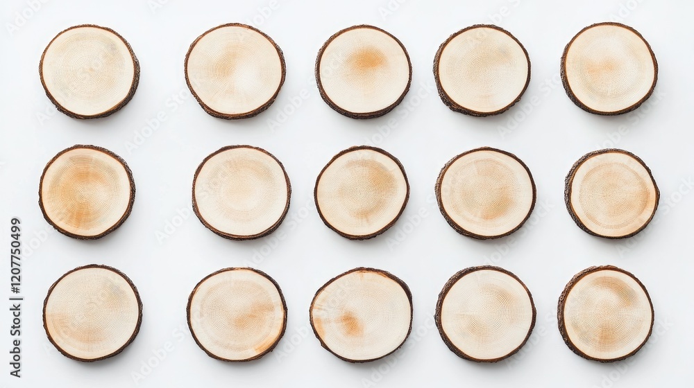 Poster wooden slices in circular arrangement on a white background creating a natural and textured visual f
