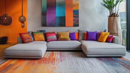 Stylish modern living room showcasing a gray sectional sofa adorned with vibrant cushions in purple, orange, and red hues against a colorful abstract wall art backdrop.