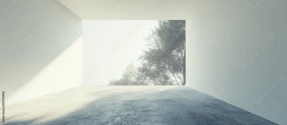 Poster bright and airy minimalist modern home interior featuring an empty light-filled space with soft shad