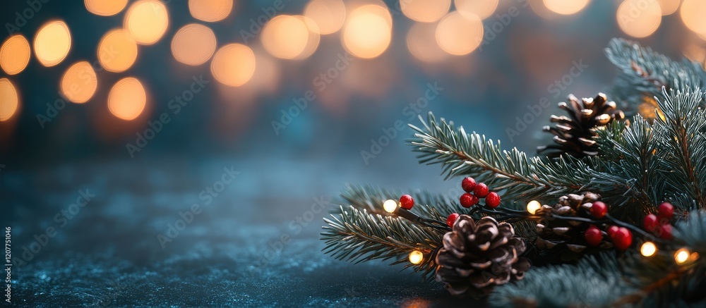 Poster multicolored christmas bokeh background featuring warm white lights and evergreen branches adorned w