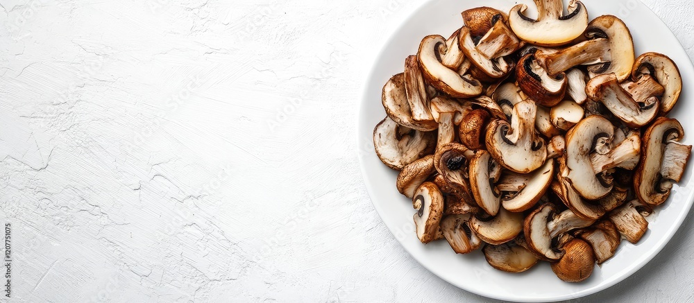 Poster crispy mushroom chips arranged on a white plate against a clean white background with ample negative