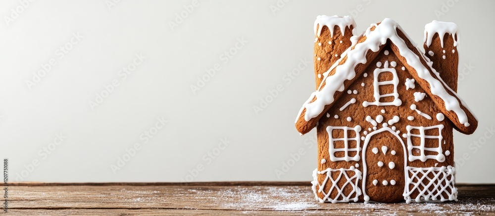 Poster gingerbread house decorated with white icing on wooden table with grey background and empty space fo