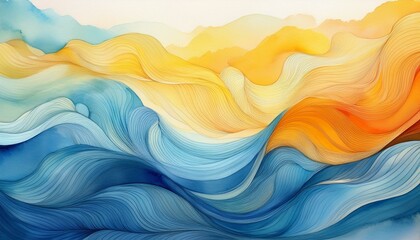 Obraz premium soft watercolor waves in blue yellow and orange create calming effect