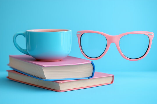 Pink glasses, a light blue cup of coffee and books celebrating women's history month on blue background