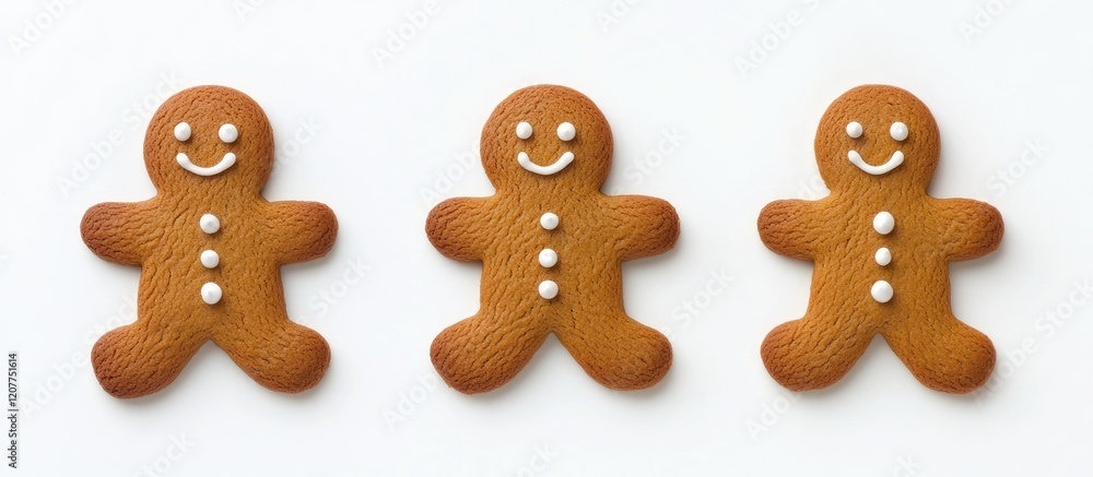 Poster gingerbread cookies with smiling faces arranged in a row on a clean white background, offering a fes