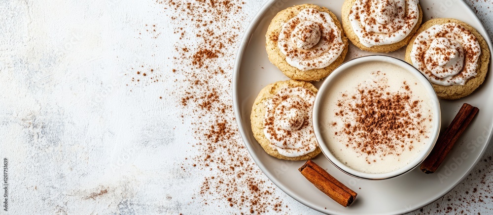Poster gingerbread cookies with creamy eggnog and cinnamon scattered on a rustic wooden table with neutral 