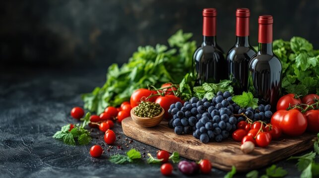 Red wine bottles with fresh grapes, tomatoes, and herbs on wooden board.