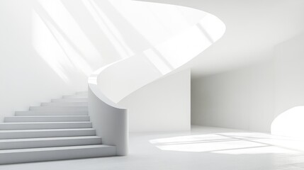 Obraz premium Minimalist White Interior Mockup Featuring Curved Staircase and Natural Light Design Concept for Modern Architecture Spaces