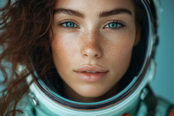 Young female astronaut wearing spacesuit and looking into space through helmet window