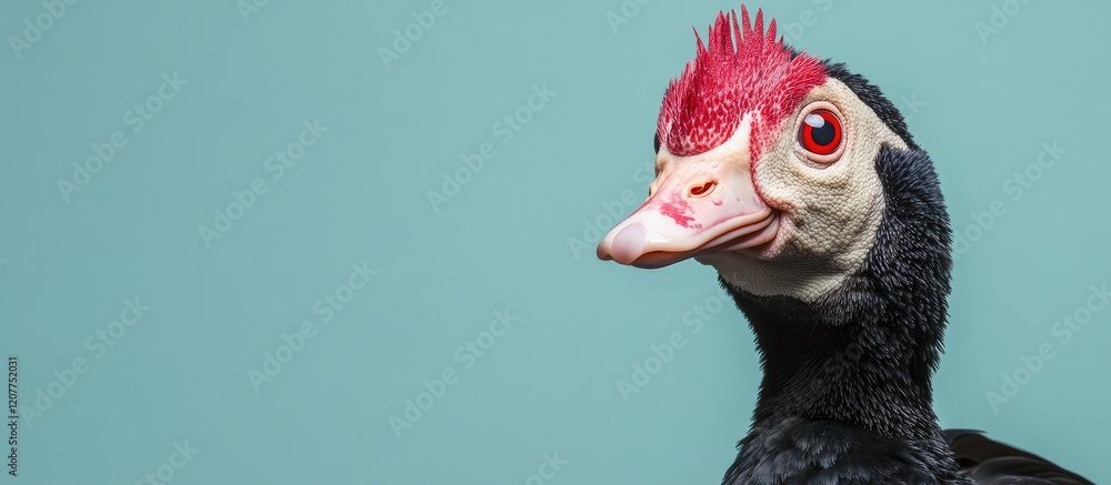 Poster Muscovy Duck Close-Up Portrait Featuring Vibrant Red Crest Against Soft Turquoise Background with Space for Custom Text Overlay