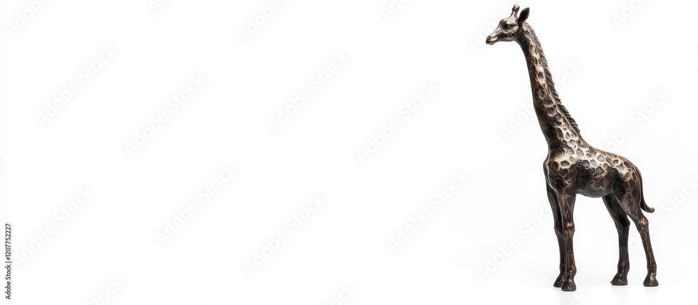 Poster bronze giraffe sculpture with twisted body and neck on white background minimalist artistic display 