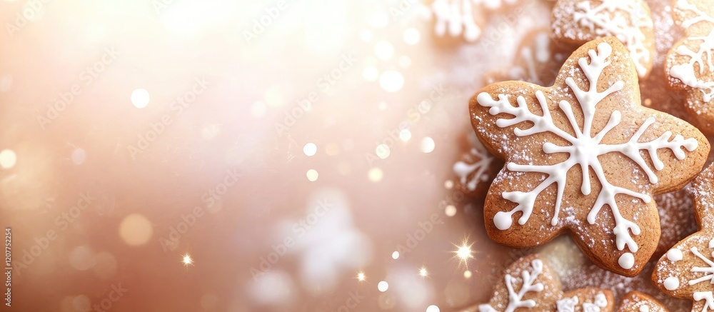 Poster gingerbread cookies decorated with white icing on a soft golden bokeh background with ample copy spa