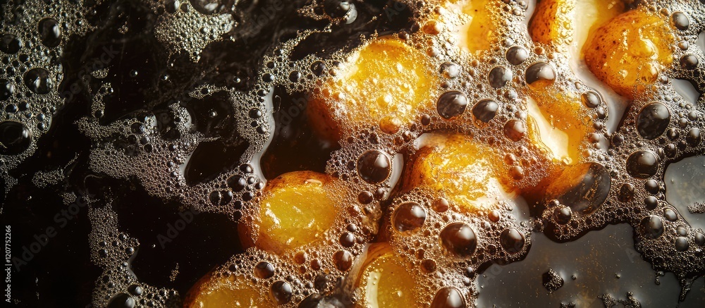 Poster fried potato slices cooking in bubbling dark oil with texture and empty copy space for text in top a