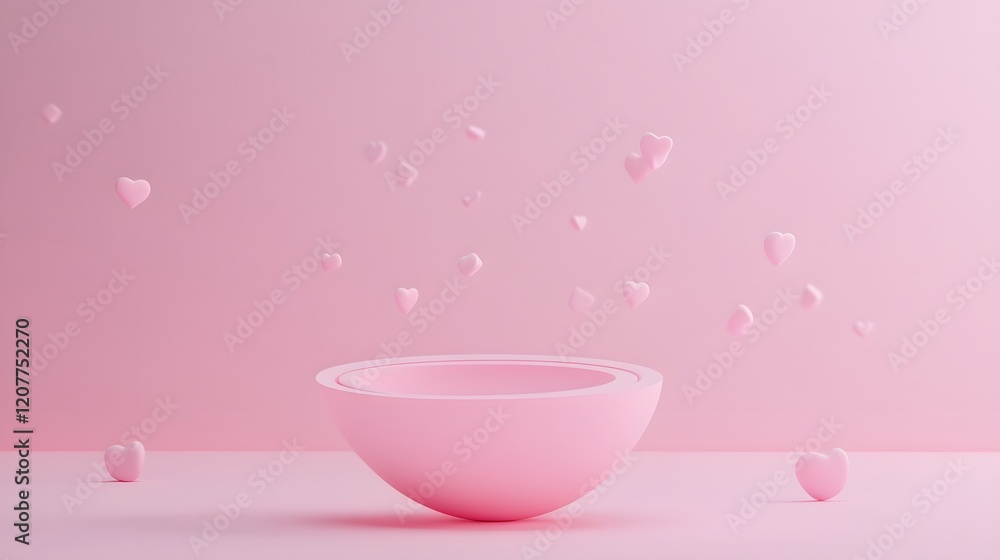 Poster a gentle pink background with floating hearts and ample space to display a product in the center