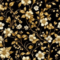 Seamless Pattern - Elegant gold and white floral pattern on black background.