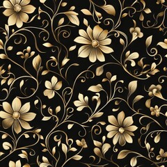 Seamless Pattern - Elegant gold floral pattern on black background.