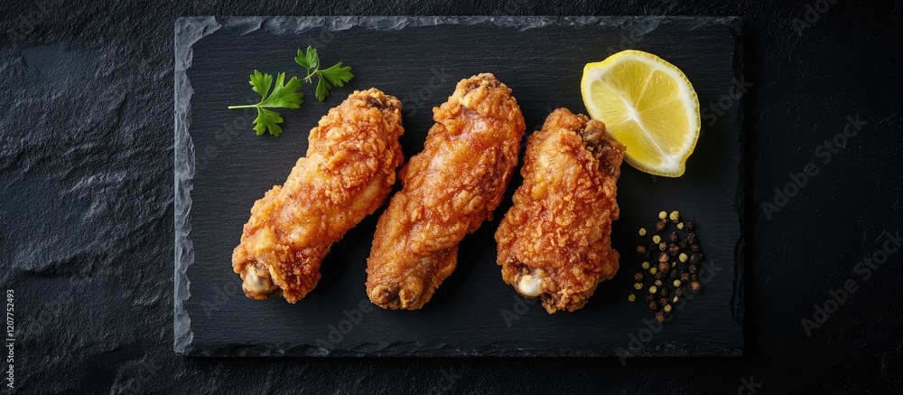 Poster crispy golden fried chicken drumsticks with fresh lemon slices garnished with parsley on a textured 