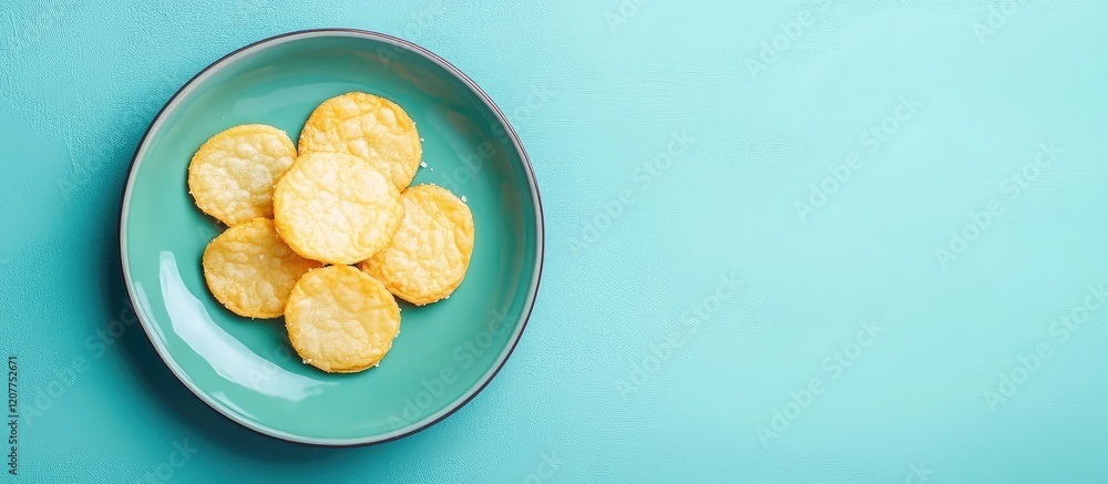 Poster fried salted potato chips arranged on a green plate on a teal background with ample empty space for 