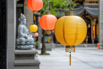 Glowing lanterns illuminate serene temple courtyard scene