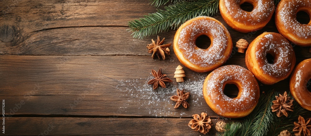 Poster gingerbread donuts arranged on a rustic wooden table adorned with evergreen branches and spices, fes