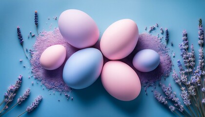 dreamy image of four pink and blue eggs on a pale blue background with scattered purple lavender lavender gentle