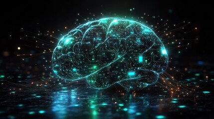 Obraz premium Futuristic Digital Brain with Glowing Circuits Against a Dark, Sparkling Background