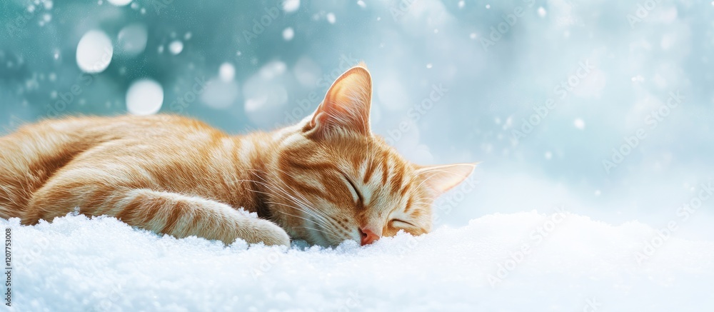 Poster ginger tabby cat peacefully sleeping on soft white snow under a soft blue winter sky with bokeh effe