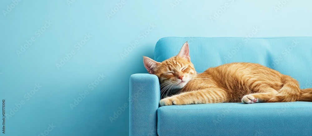 Poster ginger cat relaxing on aqua blue sofa in bright indoor space with soft textured fabrics and empty pa