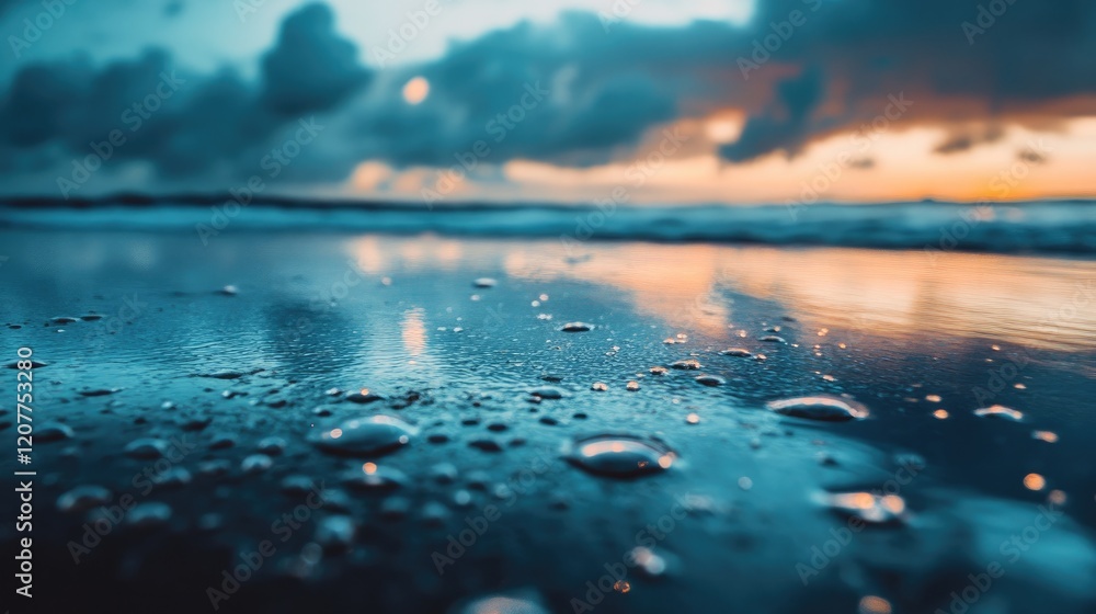 Poster tranquil ocean surface at sunset with gentle waves and sparkling droplets reflecting colorful clouds