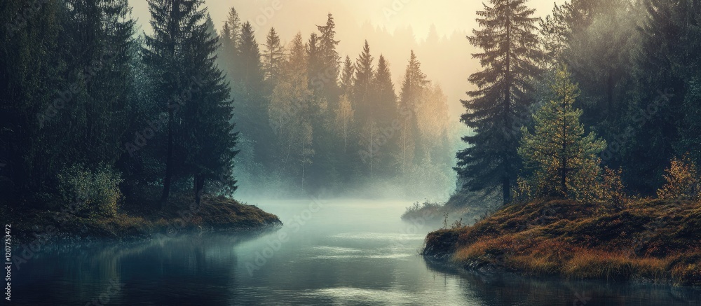 Poster misty forest landscape at dawn with a tranquil river and ample space for text overlay in a serene na