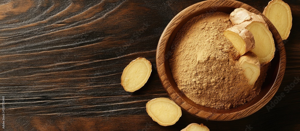 Poster ginger powder in a rustic wooden bowl with fresh root slices on a dark wooden table creating a warm,