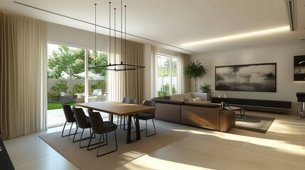 Fototapeta premium The home living room interior features a cozy fireplace paired with a stylish drawer and coffee table, creating a warm and inviting atmosphere.