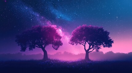 Enchanting foggy night landscape featuring glowing purple trees under a star-filled sky in hues of blue and pink, creating a mystical ambiance.
