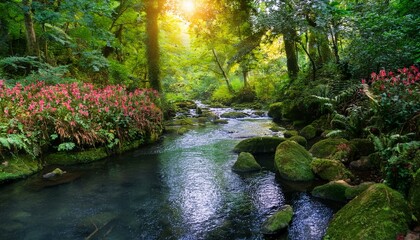 Obraz premium serene forest stream surrounded by lush green plants with vibrant flowers and tranquil water