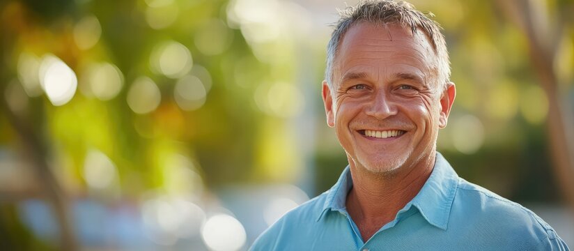 Smiling Middle-Aged Man in Light Blue Shirt Against Bright Blurry Outdoor Background with Natural Soft Light and Copy Space